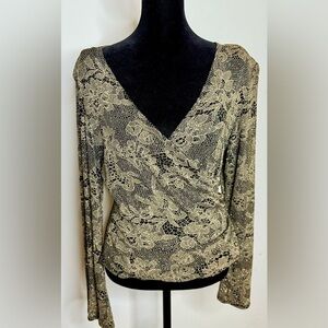 Vintage MSK gold and black faux wrap shimmer V neck dressy occasion shirt medium